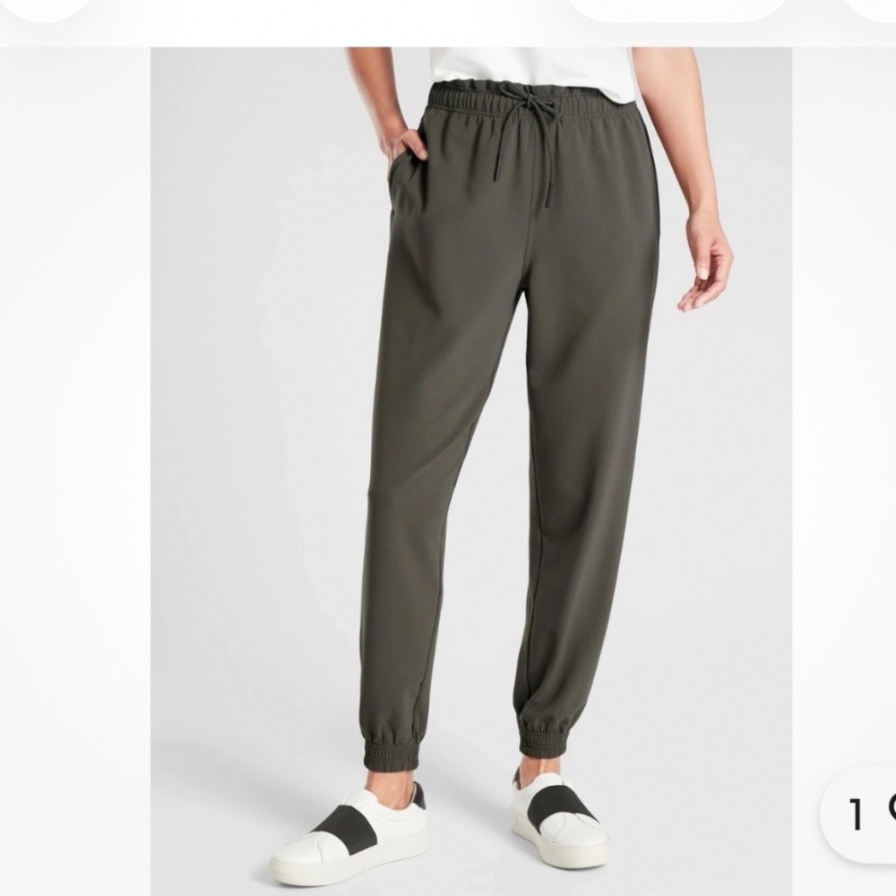Athleta Metropous Joggers Women 14 Olive Green High Rise Drawstring Elastic Cuff